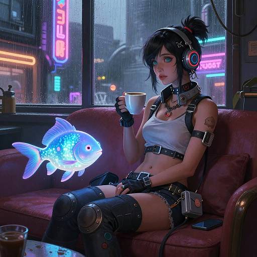 Cyberpunk digital art: Pale-skinned woman with black hair, neon headphones, white tank top, leather shorts, holding mug, neon-lit