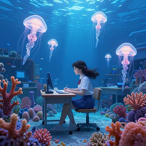 Digital artwork of a young Asian girl with black hair, in a school uniform, working underwater surrounded by colorful coral and jellyfish.