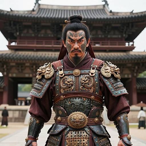 Photograph of intense Korean samurai with dark hair in a topknot, detailed armor, and facial paint, standing in front of a traditional Korean