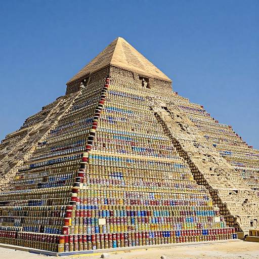 Photograph of a towering pyramid covered in colorful tiles, set against a clear blue sky. The pyramid's steep, triangular shape and textured surface are prominently