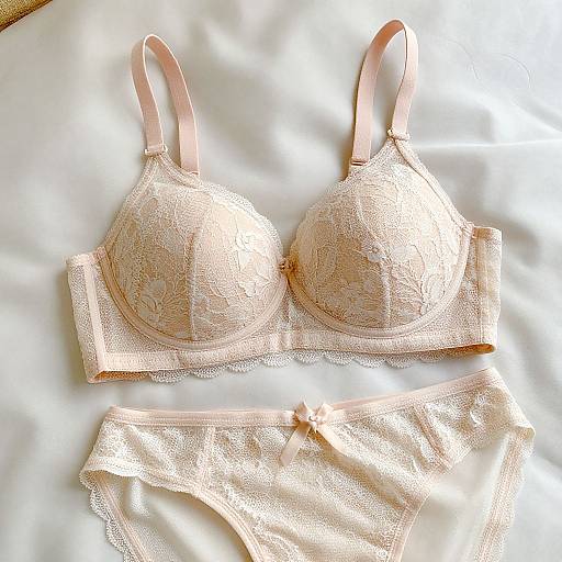 Photograph of beige lace bra and matching panties with pink straps and bow, placed on white satin fabric.