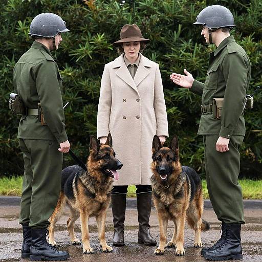 Woman with Soldiers and German Shepherd