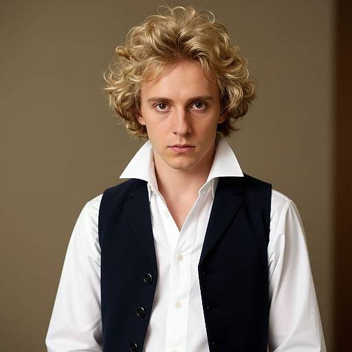 Photograph of a young man with curly blonde hair, wearing a white shirt and black vest, against a plain brown background.