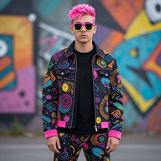 Photograph of a young man with pink spiky hair, yellow sunglasses, wearing a vibrant, neon-patterned jacket and black shirt, standing in front