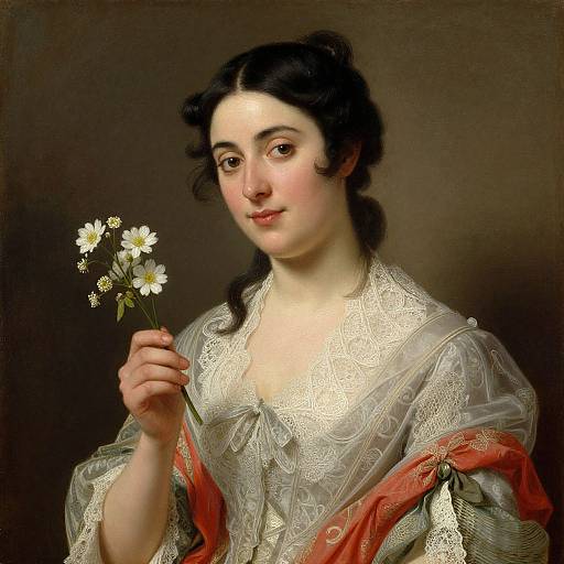 Photorealistic painting of a young woman with fair skin, dark hair in a braid, holding white daisies, wearing a lace-trim
