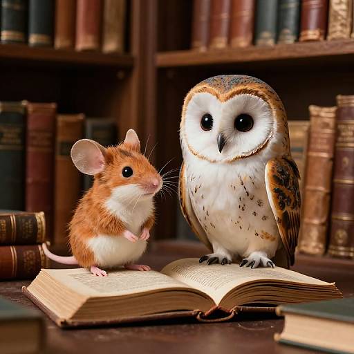 Photograph of a brown mouse and a barn owl, both with large black eyes, standing on a wooden table with an open book and bookshelves