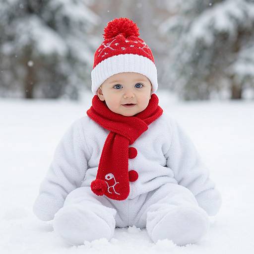 Photograph of a cute baby with blue eyes, wearing a red pom-pom hat, matching scarf, and white snowsuit, sitting in a snowy