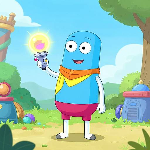 Colorful cartoon of a blue cylindrical character with a yellow scarf, red shorts, and a glowing water gun in a sunny, lush forest clearing.
