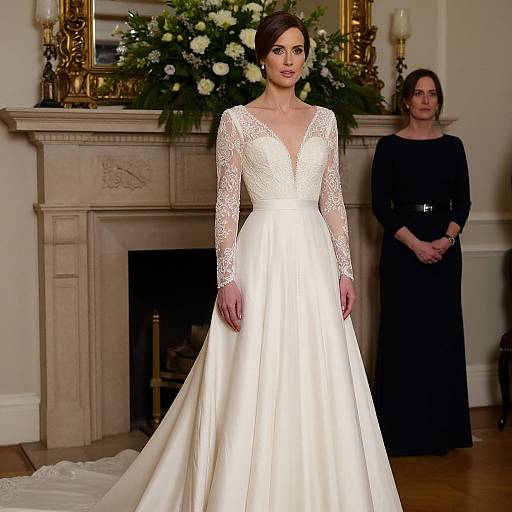 Photograph of a woman in a white, lace-trimmed wedding dress with a deep V-neck, standing in front of a fireplace adorned with flowers