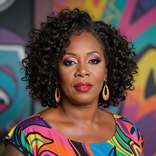 Photograph of a confident Black woman with curly hair, red lipstick, colorful abstract dress, and gold earrings, against a vibrant graffiti background.
