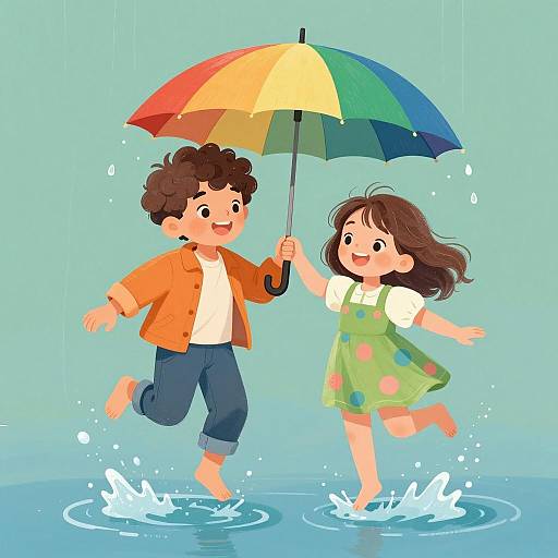 Joyful Splash: Kids with Rainbow Umbrella