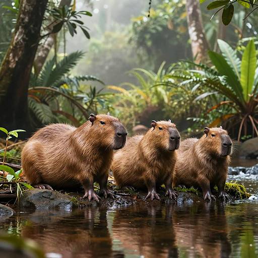 Capybara Family by Rainforest Stream
