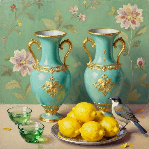 Ornate Turquoise Vases with Lemons