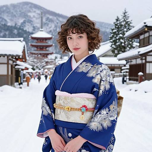 Photograph of a young woman with curly brown hair in a blue floral kimono, standing in a snowy Japanese village with traditional wooden buildings and a pag