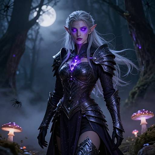 Digital fantasy artwork of a purple-eyed, silver-haired elf warrior in black, ornate armor standing in a moonlit forest with glowing mushrooms.