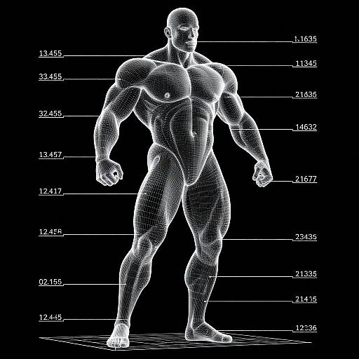 CGI wireframe of a muscular, bald man standing, height measurements in white text on a black background. Digital 3D art.