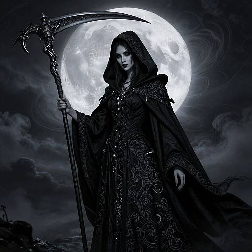 Mysterious dark-haired woman in ornate black hooded cloak holding a scythe, stands before a bright full moon in a cloudy night sky. Digital