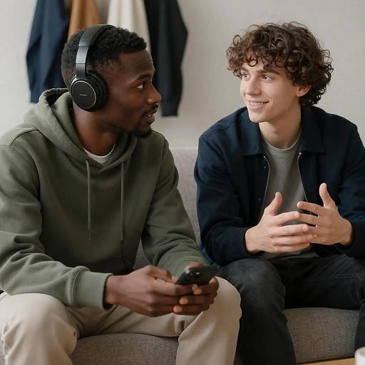 Two Men Talking on Couch