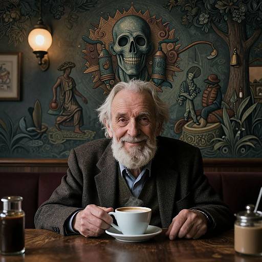 Photograph of an elderly white man with white beard, wearing dark brown blazer, smiling while holding a white coffee cup, seated at wooden table,