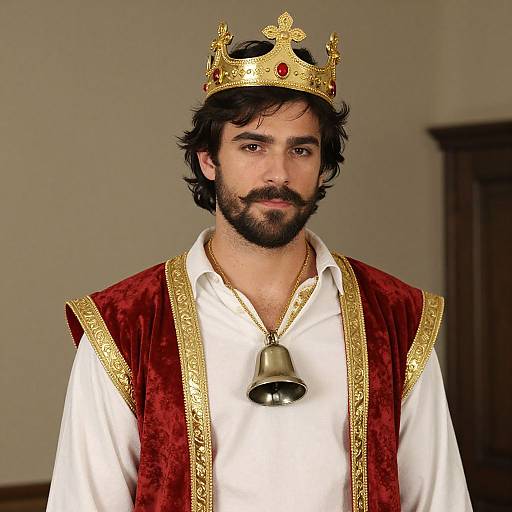 Photograph of a bearded man with dark hair wearing a gold and red regal crown, white shirt, red velvet robe, and gold-trim