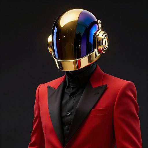 Photograph of a faceless figure in a shiny gold helmet, red tuxedo with black lapels, and black shirt, against a dark background