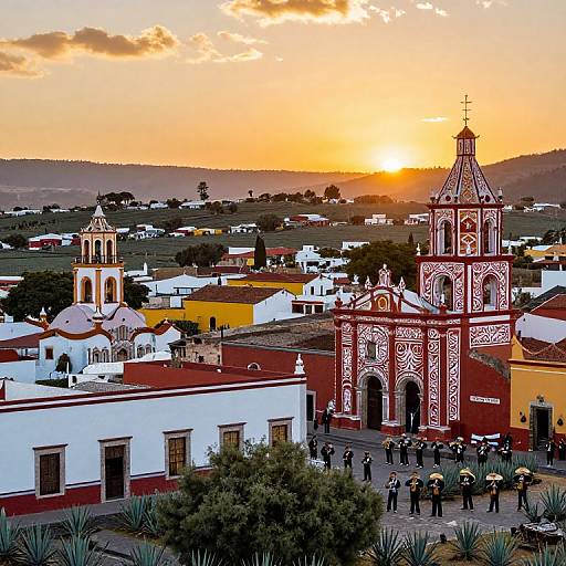 Photograph of a vibrant sunset over a Spanish colonial town, featuring ornate red and white church, white buildings, and people gathered in the foreground.
