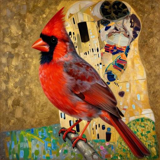 Digital painting of a vibrant red cardinal perched on a pipe, set against a golden, abstract background of buildings and colorful patterns.