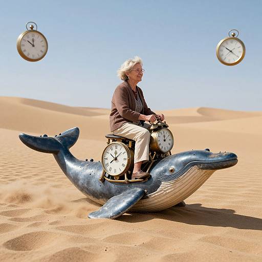 Photograph of an elderly woman with white hair, wearing glasses and brown jacket, riding a blue whale sculpture with two floating clocks in a bright, sandy