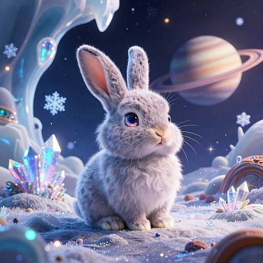 Digital artwork of a fluffy, gray, wide-eyed rabbit with large ears, sitting in a glittering, icy cave with glowing crystals, colorful planet in