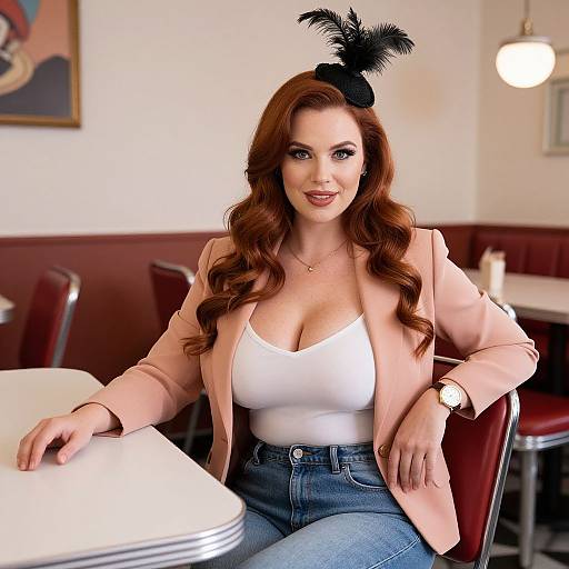 Photograph of a red-haired woman with large breasts, wearing a pink blazer, white tank top, black feathered headband, and blue jeans