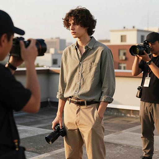 Photograph of a young man with curly brown hair, wearing a gray button-up shirt and beige pants, holding a camera, standing on a rooftop with