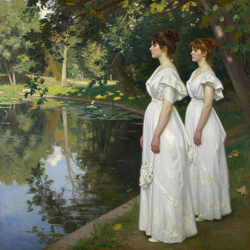 Two Victorian women in white dresses stand by a tranquil pond, reflected in the water, surrounded by lush greenery. Realistic painting.