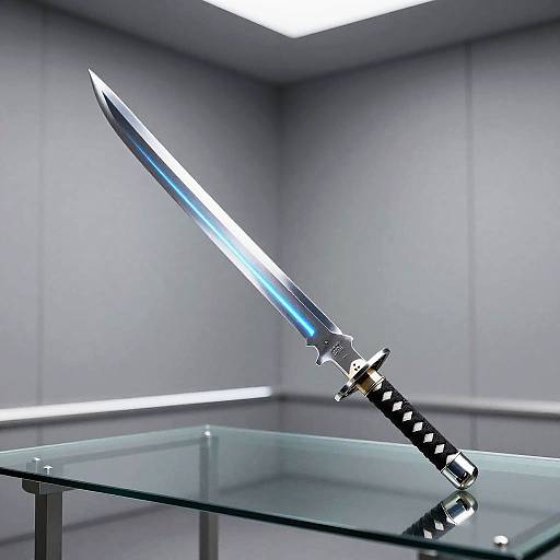 Photograph of a sleek, silver, double-edged sword with a black diamond-patterned hilt, displayed on a glass table in a modern,