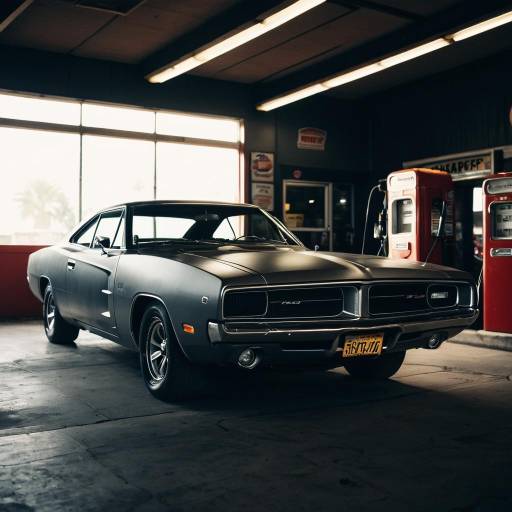 Matte Grey Dodge Charger in Retro Gas Station