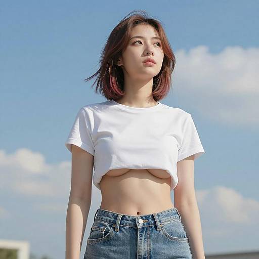 Photograph of an Asian woman with short brown hair, wearing a white cropped t-shirt exposing her small breasts, and blue jeans, standing outdoors against a