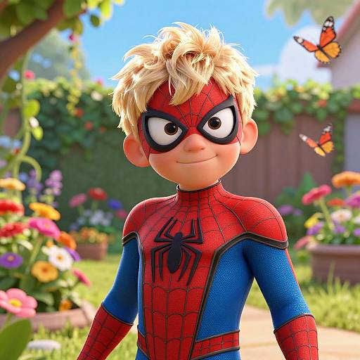  CGI image of a cute, blonde, boy superhero with a red and blue Spider-Man suit, large eyes, and a confident smile, standing in a