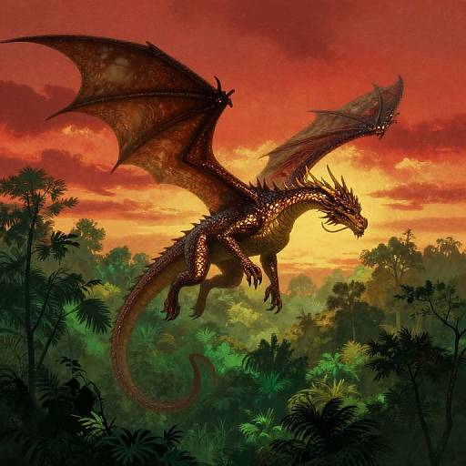 Digital illustration of a red, winged dragon soaring through a vibrant, fiery sunset jungle, with lush green foliage silhouetted in the foreground.