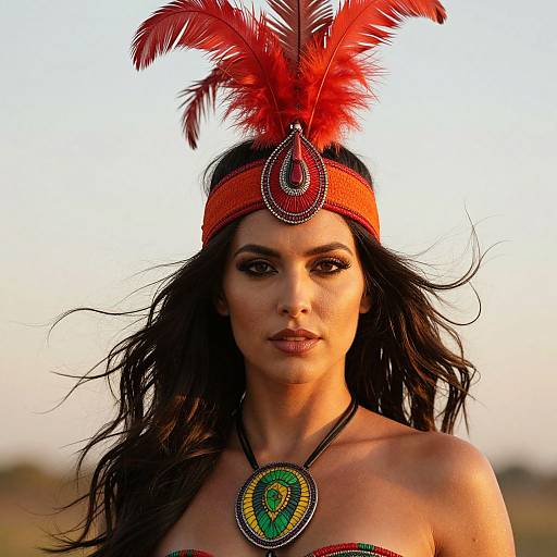 Photograph of a woman with long black hair, wearing a red feathered headband, orange headband with pendant, and green pendant necklace, against