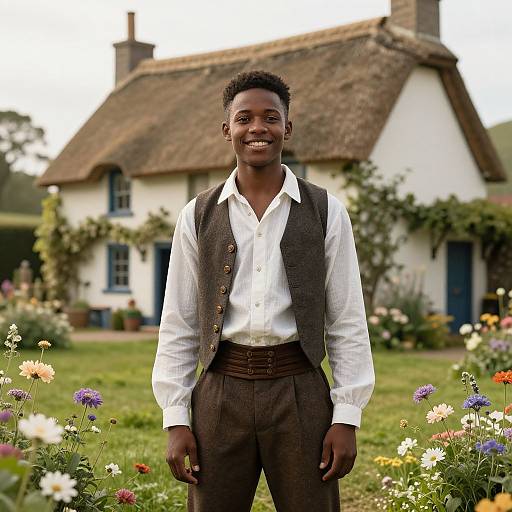Photograph of a smiling young Black man in 19th-century attire standing in a colorful flower garden in front of a quaint, white, thatched
