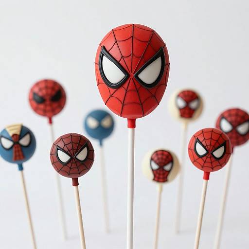 Photograph of colorful Spider-Man cake pops on white sticks, featuring red, blue, and black webbed eyes against a white background.