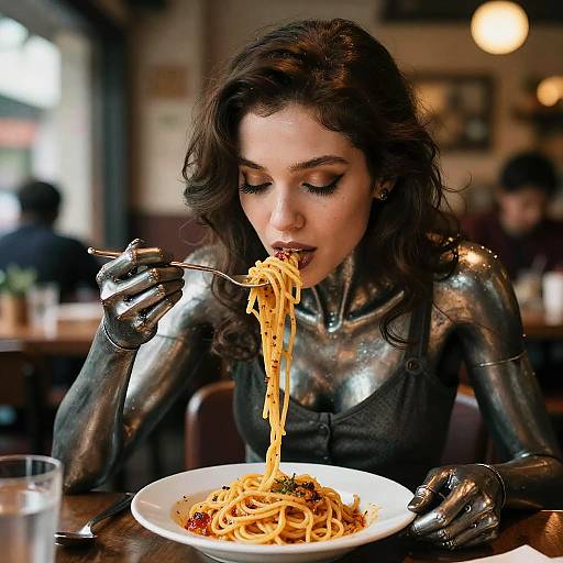 Photograph of a woman with dark, wavy hair and metallic silver bodysuit eating spaghetti with a fork in a dimly lit restaurant.