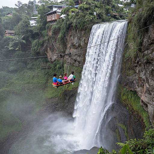 Photograph of four people in colorful clothing sitting on a grassy ledge, observing a large, cascading waterfall surrounded by lush greenery and mist.