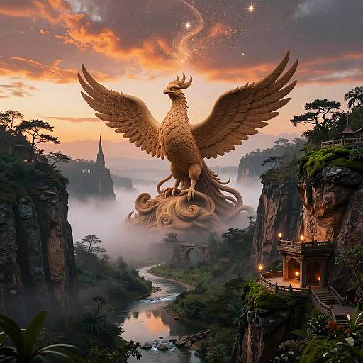 Enormous Sandstone Phoenix Over Misty Canyon