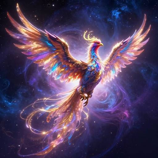Digital artwork of a radiant, colorful phoenix with glowing feathers, outstretched wings, and a bright tail, soaring against a cosmic, starry background