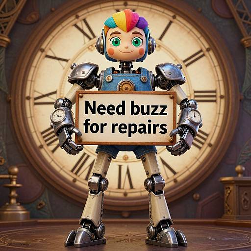 Whimsical Cyberpunk Robot Repair Sign