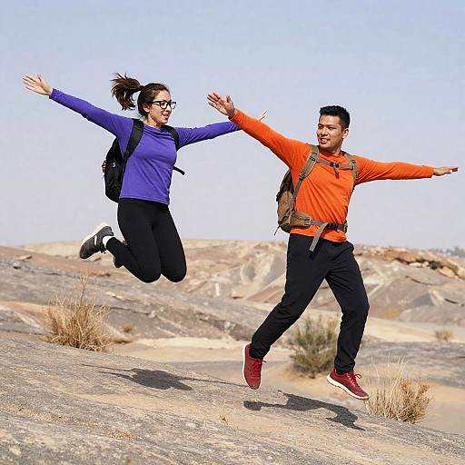 Joyful Hikers in Desert Landscape