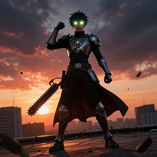 CGI image of a dark, armored robot with glowing green eyes, holding a spiked chainsaw, standing on a rooftop at sunset. Debris flies