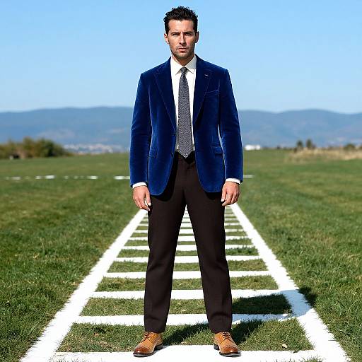 Photograph of a serious, dark-haired man in a navy velvet blazer, white shirt, black tie, and black pants, standing on a white