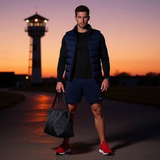 Photograph of a muscular man with short brown hair, wearing a black puffer jacket, black shorts, red sneakers, and holding a black duff