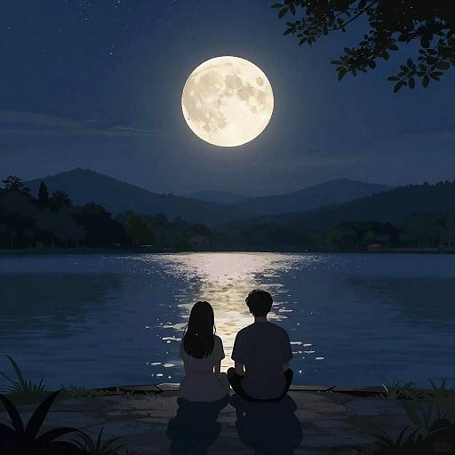 Silhouetted couple sits on lake's edge, gazing at full moon over calm water, surrounded by dark hills and starry sky.